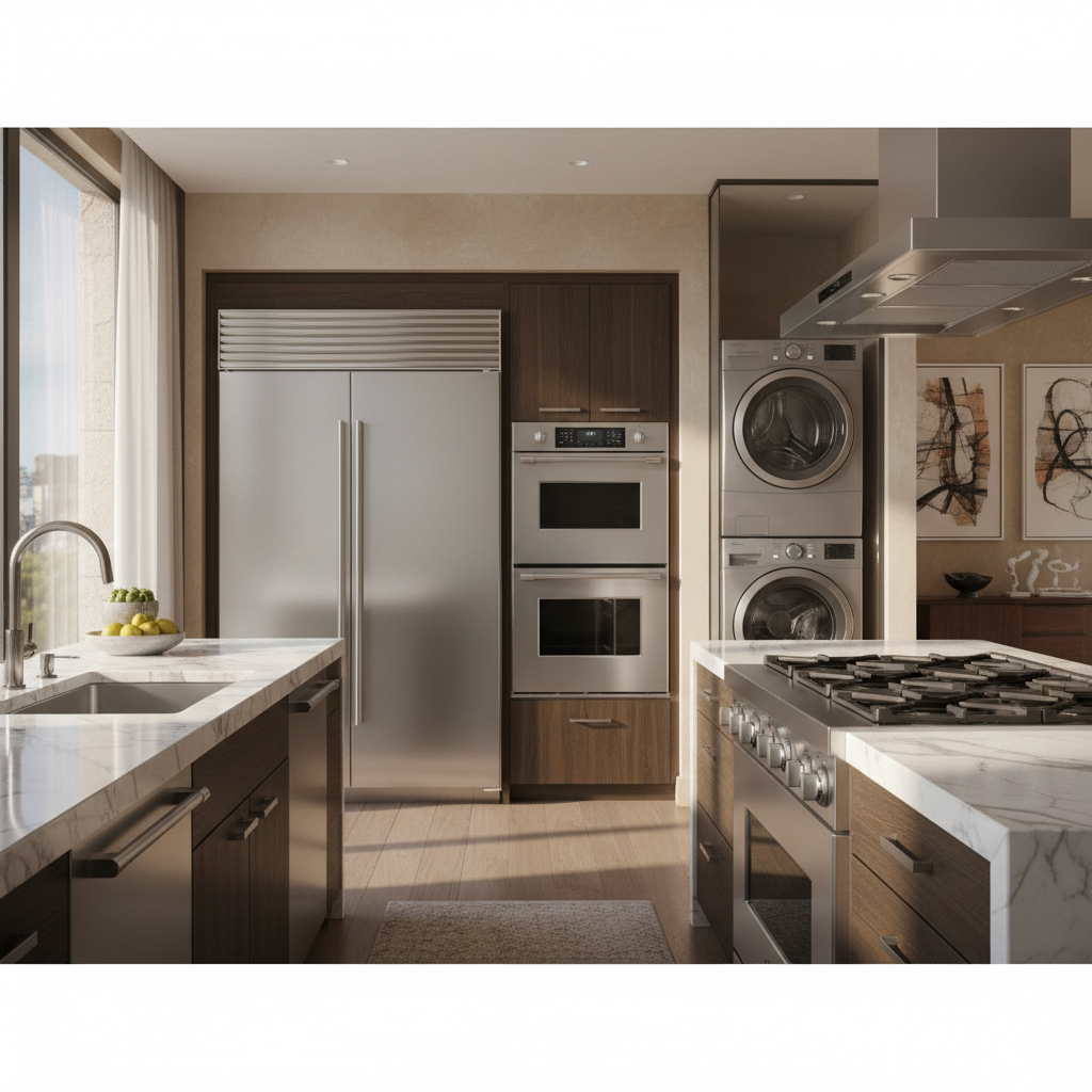 Premium home appliances in a luxury kitchen and laundry environment