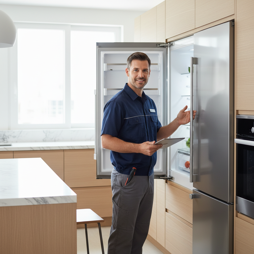Professional appliance repair technician inspecting a built-in refrigerator